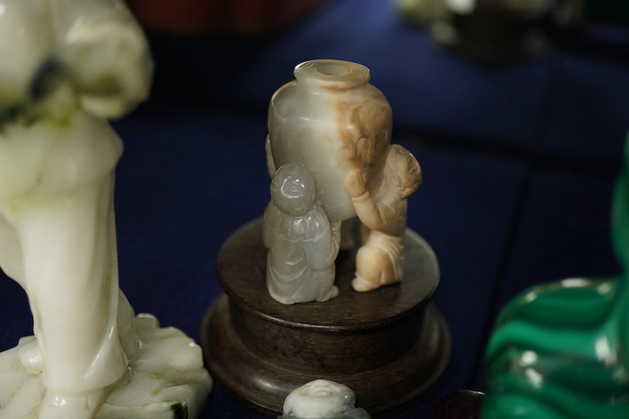 A group of six Chinese hardstone and soapstone carvings, tallest 13cm